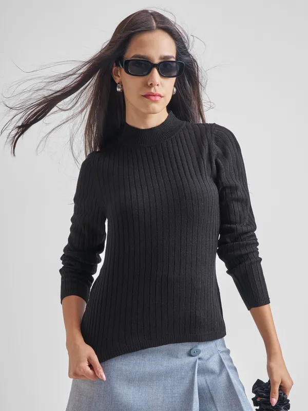Tokyo Talkies Women Black High Neck Sweater