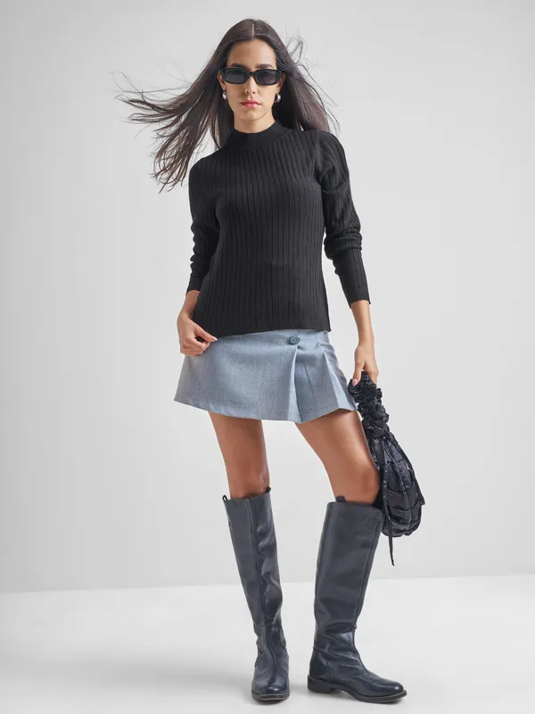 Tokyo Talkies Women Black High Neck Sweater