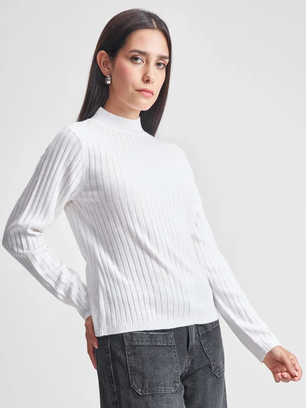 Tokyo Talkies Women White High Neck Sweater