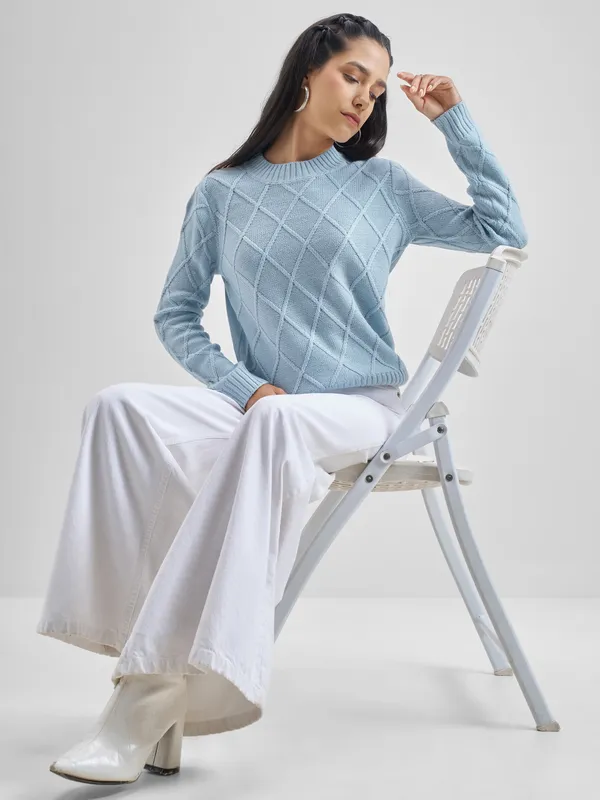 Tokyo Talkies Women Blue Round Neck Sweater