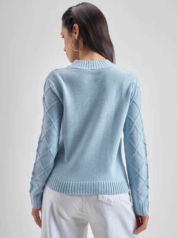 Tokyo Talkies Women Blue Round Neck Sweater