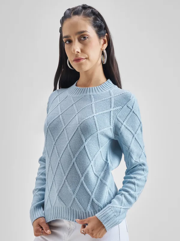 Tokyo Talkies Women Blue Round Neck Sweater