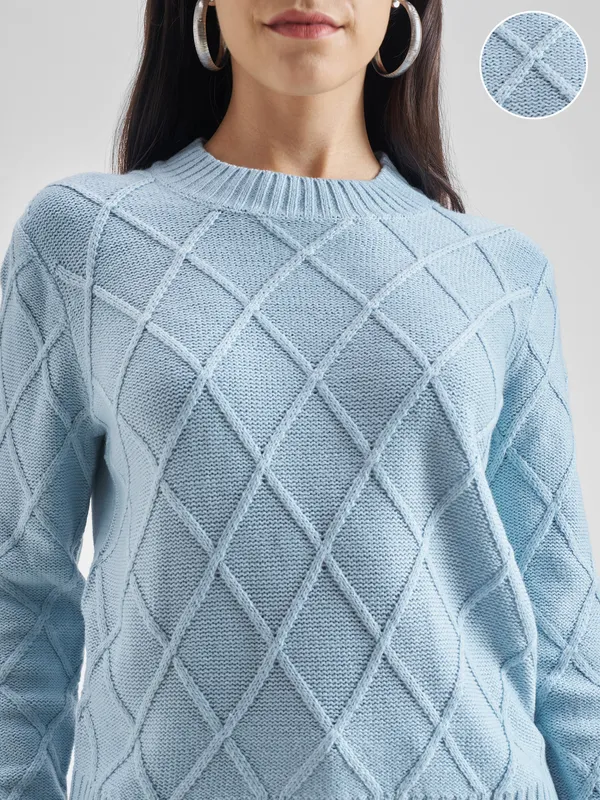 Tokyo Talkies Women Blue Round Neck Sweater