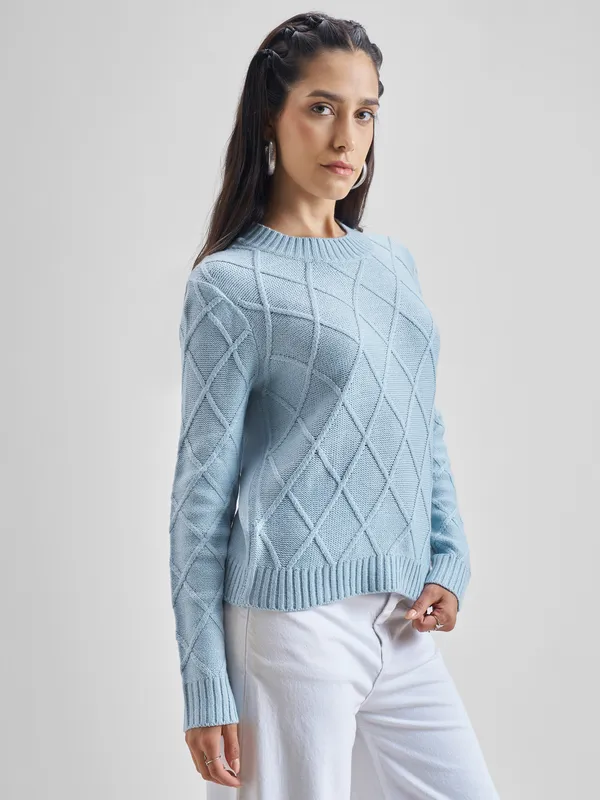 Tokyo Talkies Women Blue Round Neck Sweater
