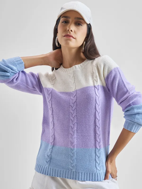 Tokyo Talkies Women Lavender Round Neck Sweater