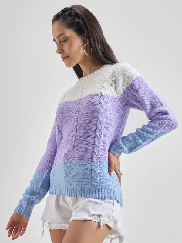 Tokyo Talkies Women Lavender Round Neck Sweater