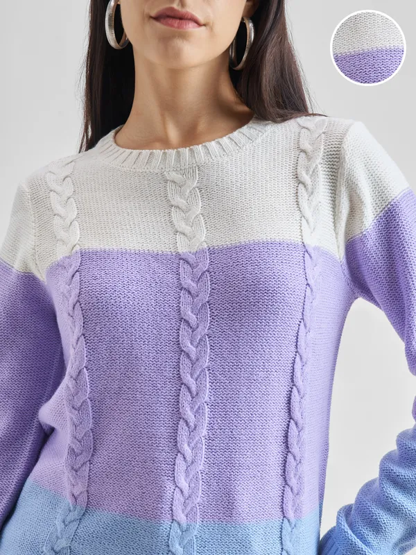 Tokyo Talkies Women Lavender Round Neck Sweater