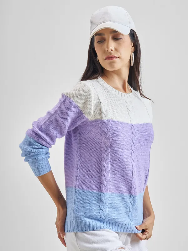 Tokyo Talkies Women Lavender Round Neck Sweater