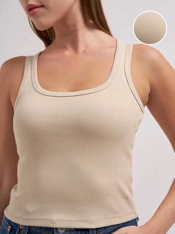 Tokyo Talkies Women Beige Solid Regular Top