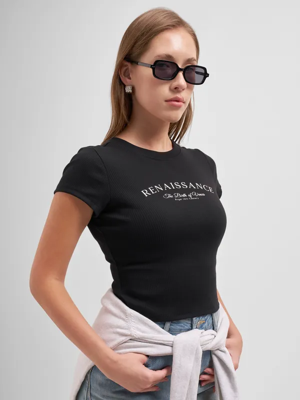 Tokyo Talkies Women Black Printed Regular Top