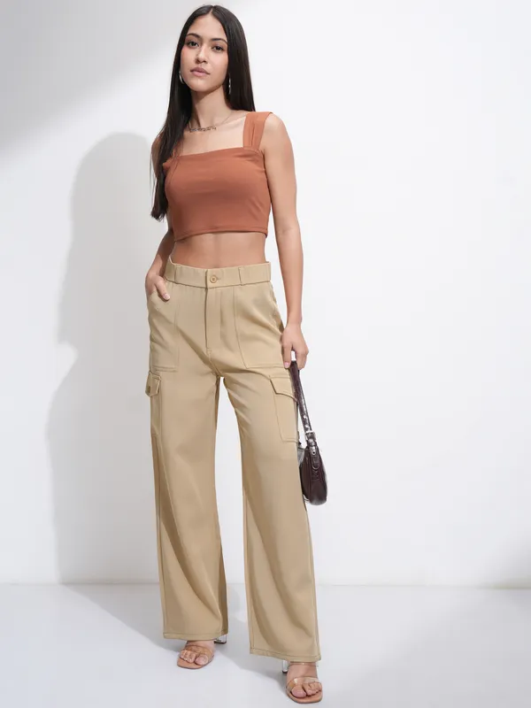 Tokyo Talkies Women Khaki Solid Straight Fit Cargos