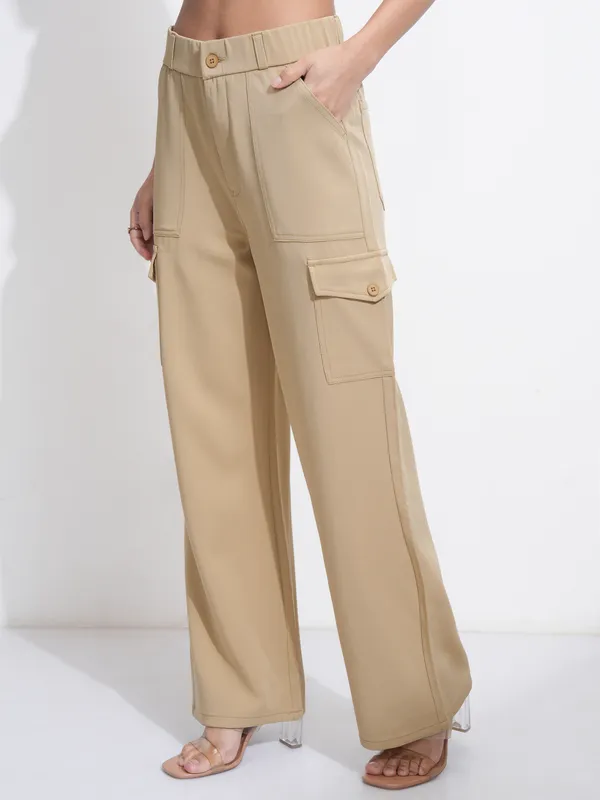 Tokyo Talkies Women Khaki Solid Straight Fit Cargos