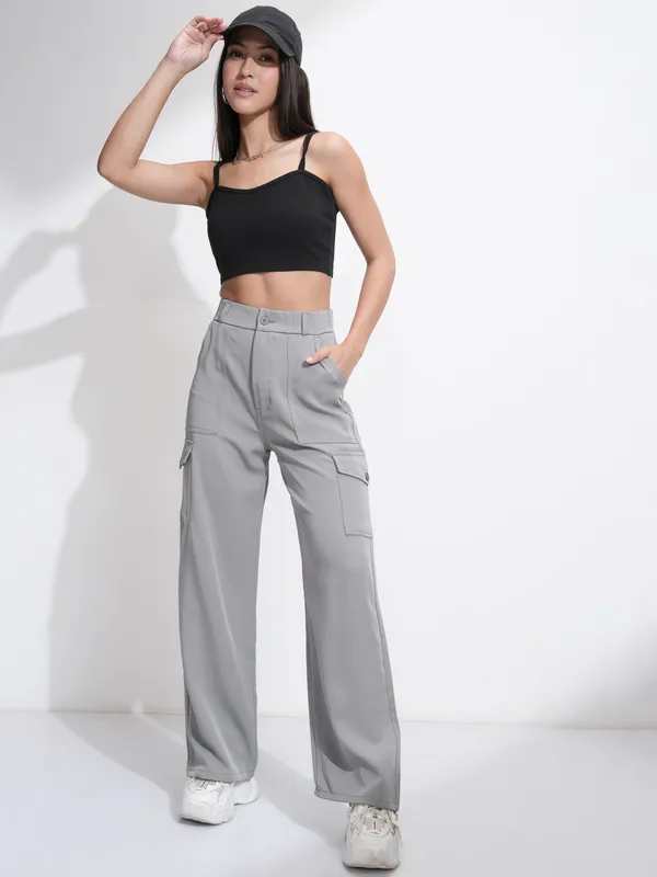 Tokyo Talkies Women Grey Solid Straight Fit Cargos
