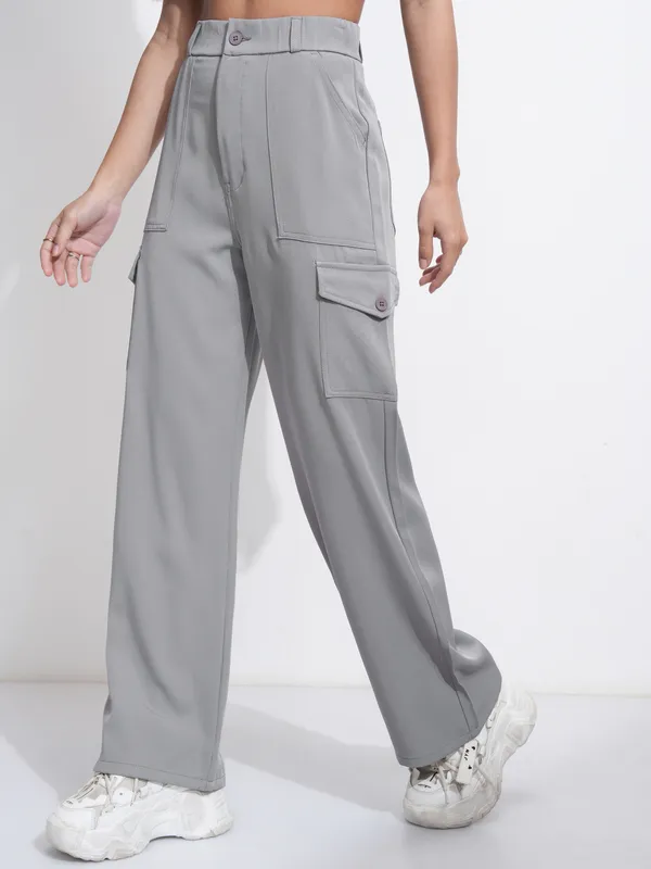 Tokyo Talkies Women Grey Solid Straight Fit Cargos