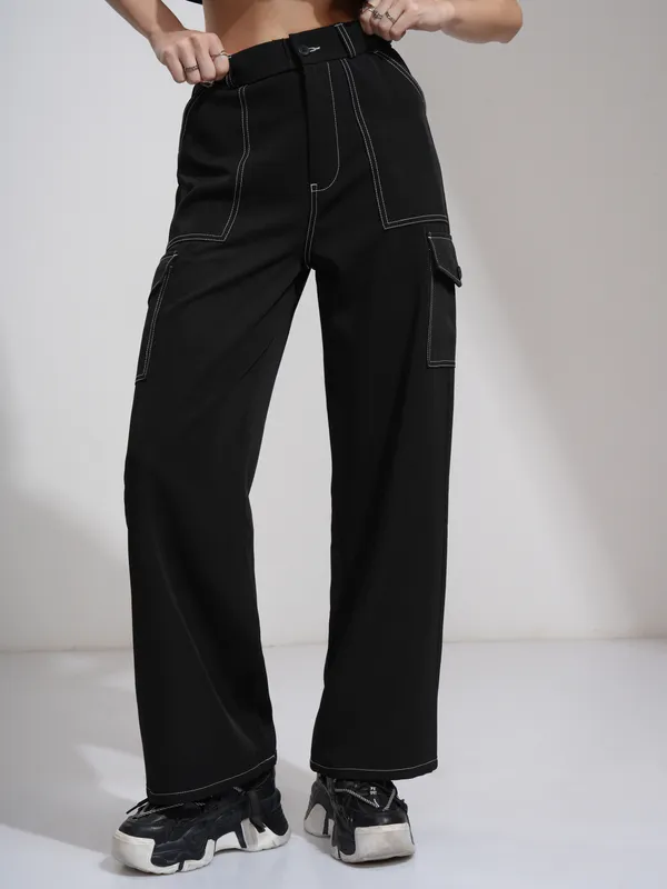 Tokyo Talkies Women Black Solid Straight Fit Cargos
