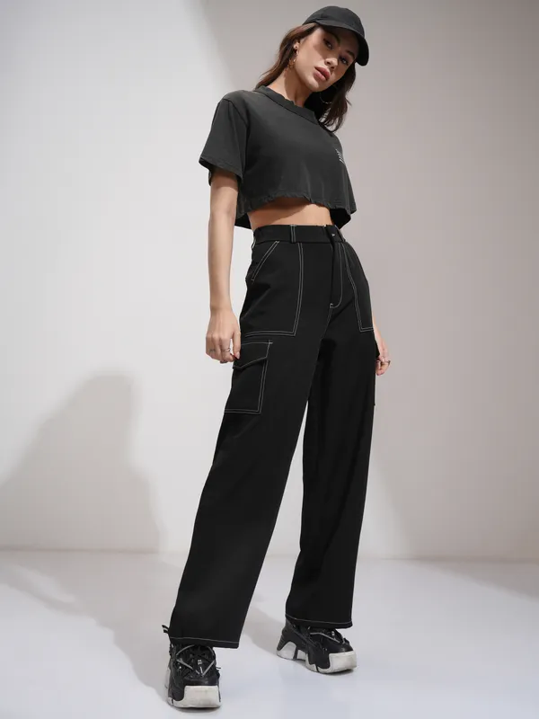 Tokyo Talkies Women Black Solid Straight Fit Cargos