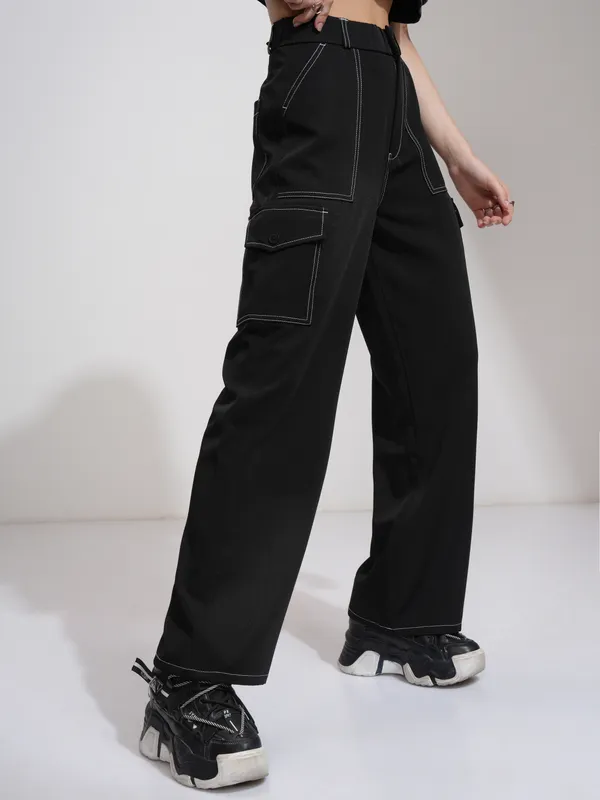 Tokyo Talkies Women Black Solid Straight Fit Cargos