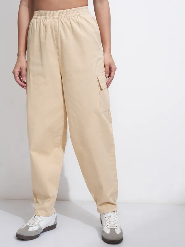 Tokyo Talkies Women Beige Solid Mom Fit Cargos