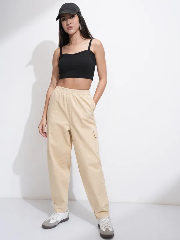 Tokyo Talkies Women Beige Solid Mom Fit Cargos