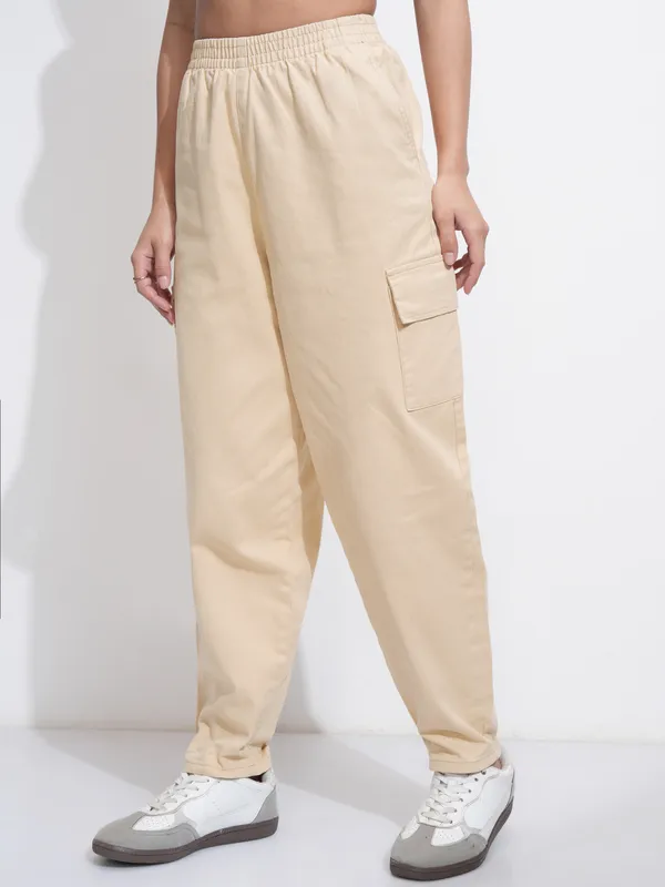 Tokyo Talkies Women Beige Solid Mom Fit Cargos