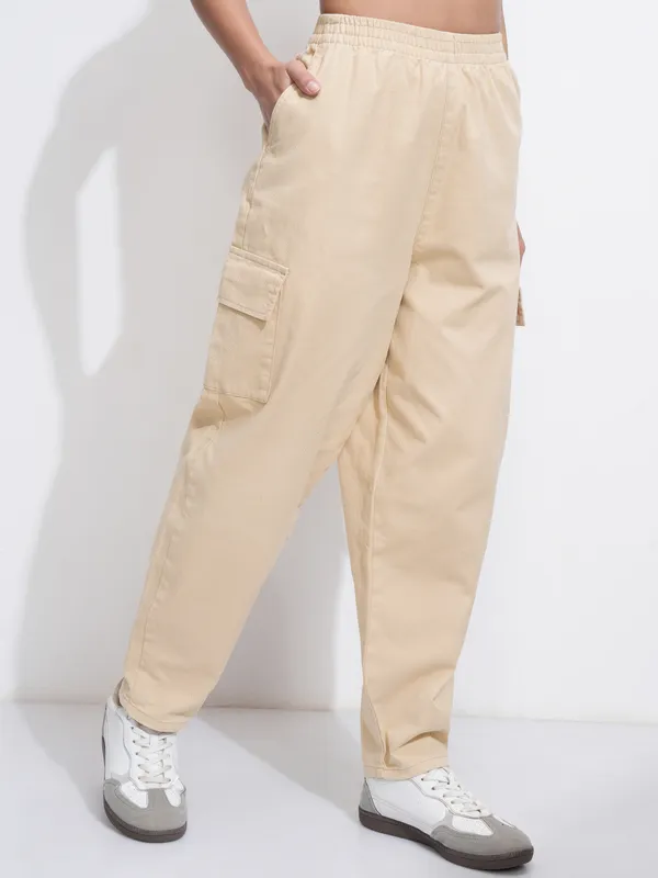 Tokyo Talkies Women Beige Solid Mom Fit Cargos