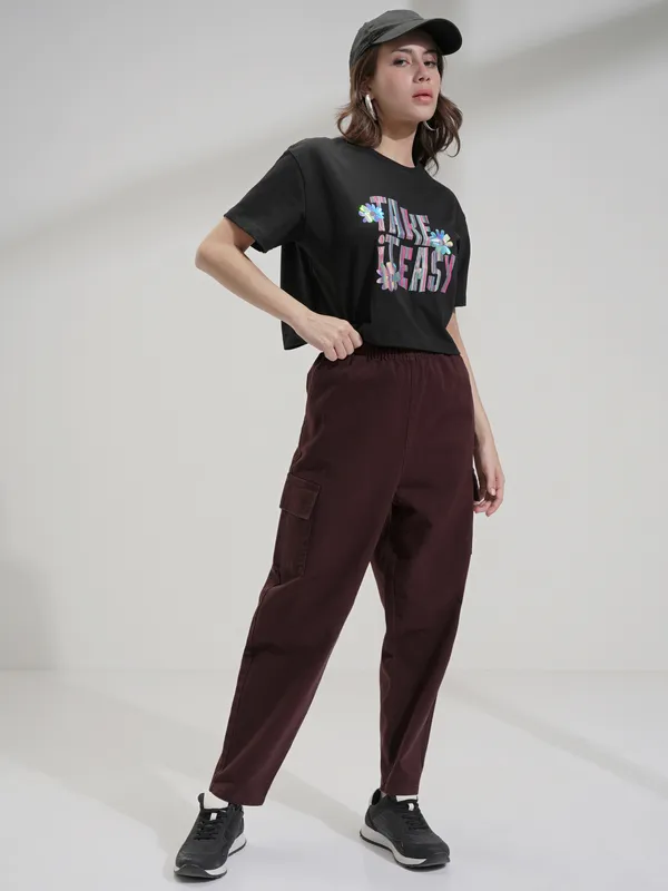 Tokyo Talkies Women Brown Solid Mom Fit Cargos