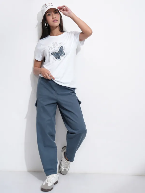 Tokyo Talkies Women Blue Solid Mom Fit Cargos