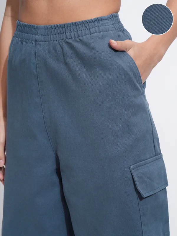 Tokyo Talkies Women Blue Solid Mom Fit Cargos