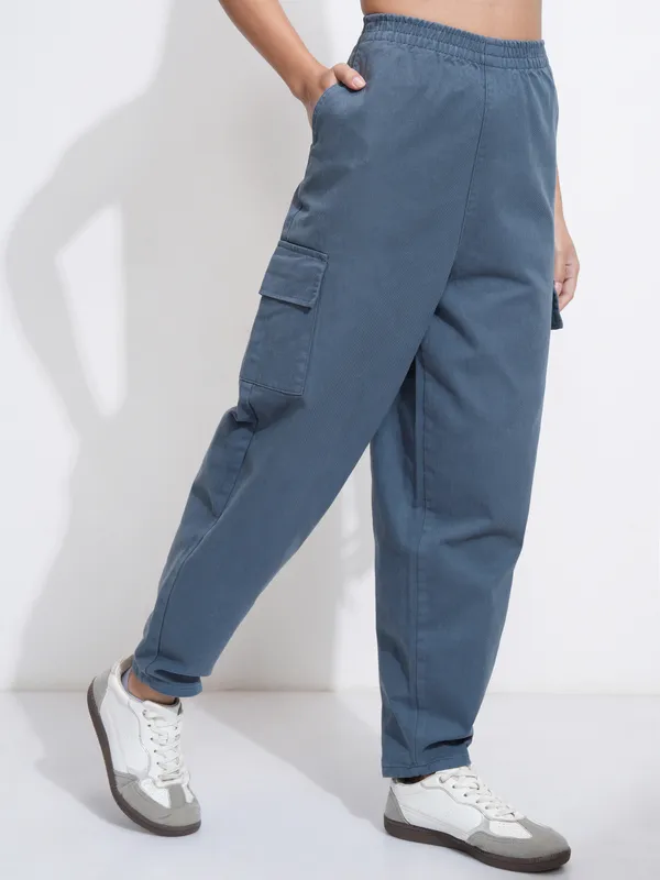 Tokyo Talkies Women Blue Solid Mom Fit Cargos