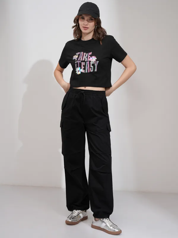 Tokyo Talkies Women Black Solid Straight Fit Cargos