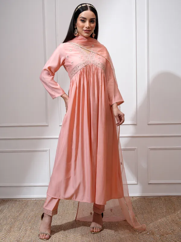 Vishudh Women Peach Kurta With Palazzos And Dupatta