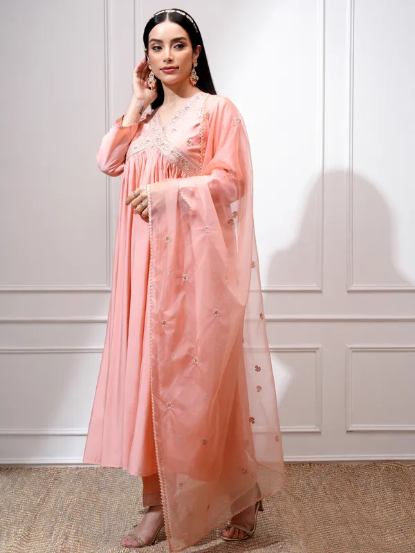 Vishudh Women Peach Kurta With Palazzos And Dupatta