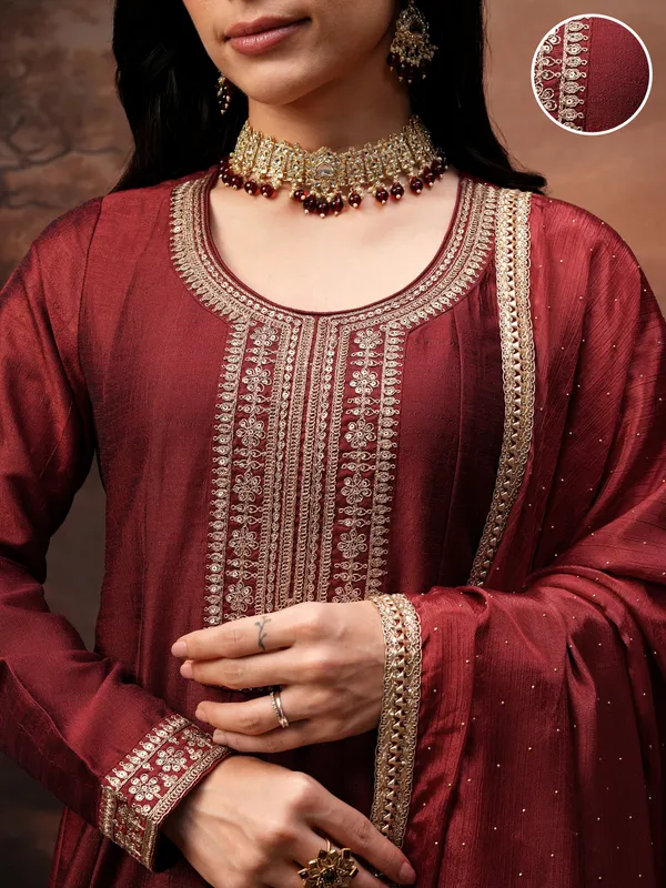 Vishudh Women Red Embroidered Kurta With Trouser And Dupatta