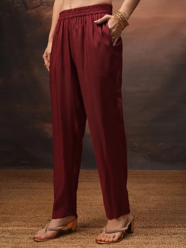 Vishudh Women Red Embroidered Kurta With Trouser And Dupatta