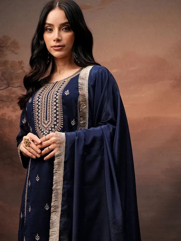 Vishudh Women Purple Embroidered Kurta With Palazzo And Dupatta