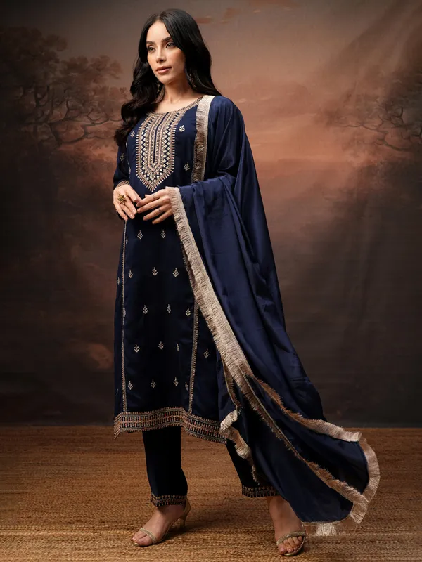 Vishudh Women Purple Embroidered Kurta With Palazzo And Dupatta