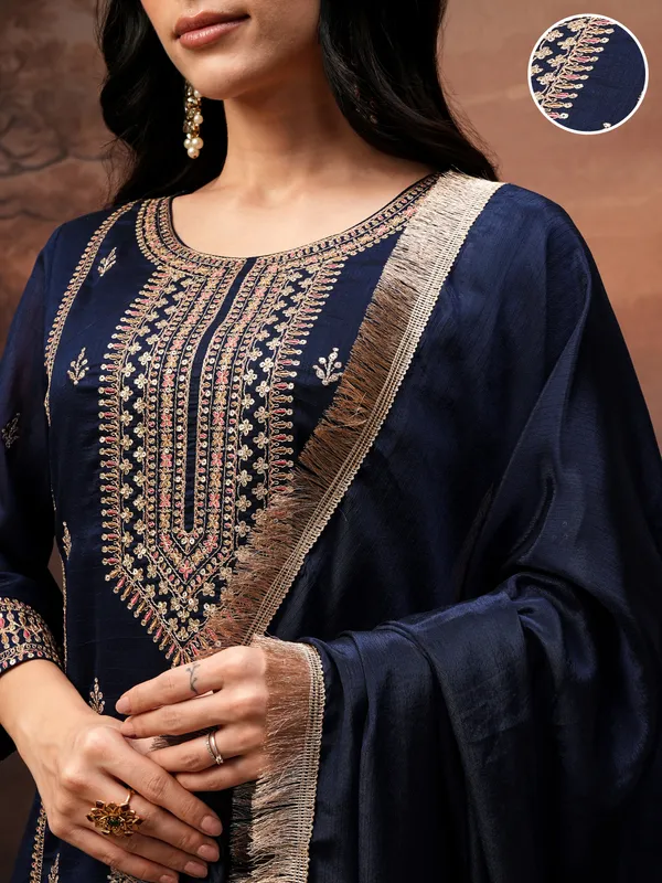 Vishudh Women Purple Embroidered Kurta With Palazzo And Dupatta