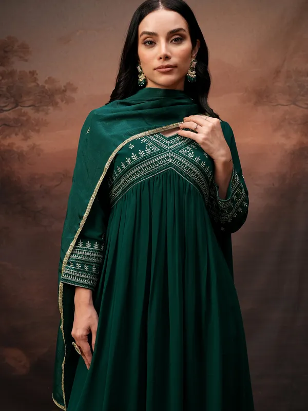 Vishudh Women Teal Embroidered Kurta With Palazzo And Dupatta