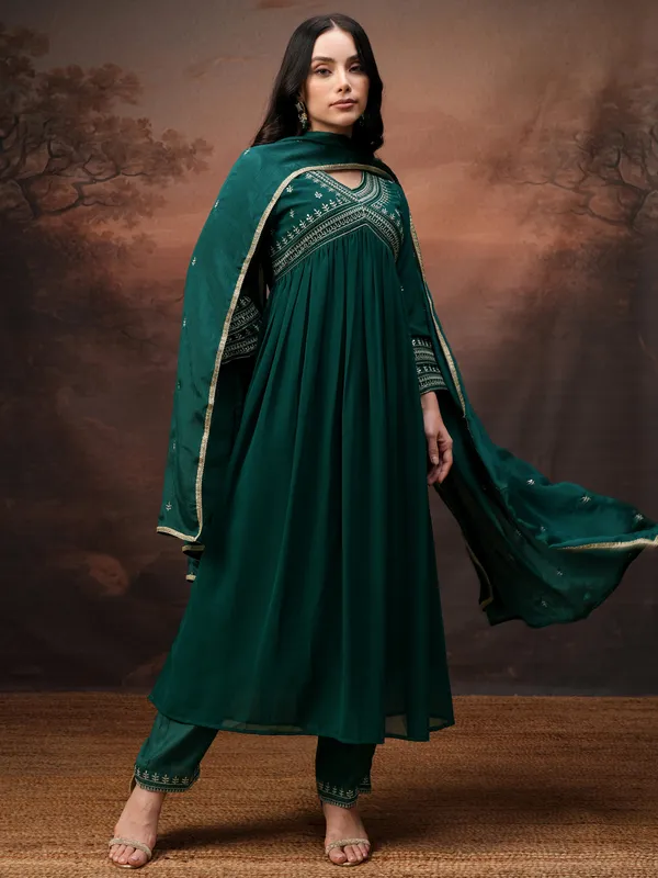 Vishudh Women Teal Embroidered Kurta With Palazzo And Dupatta