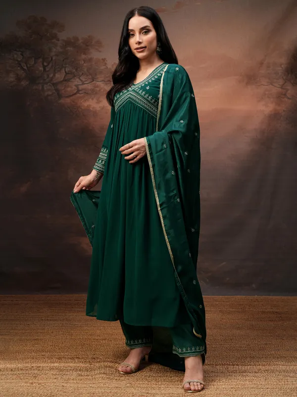 Vishudh Women Teal Embroidered Kurta With Palazzo And Dupatta