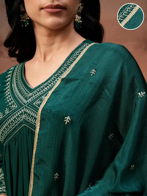Vishudh Women Teal Embroidered Kurta With Palazzo And Dupatta