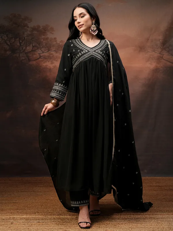 Vishudh Women Black Embroidered Kurta With Palazzo And Dupatta