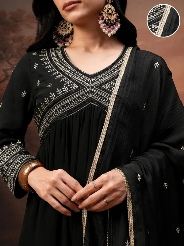 Vishudh Women Black Embroidered Kurta With Palazzo And Dupatta