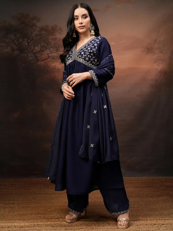 Vishudh Women Purple Embroidered Kurta With Palazzo And Dupatta