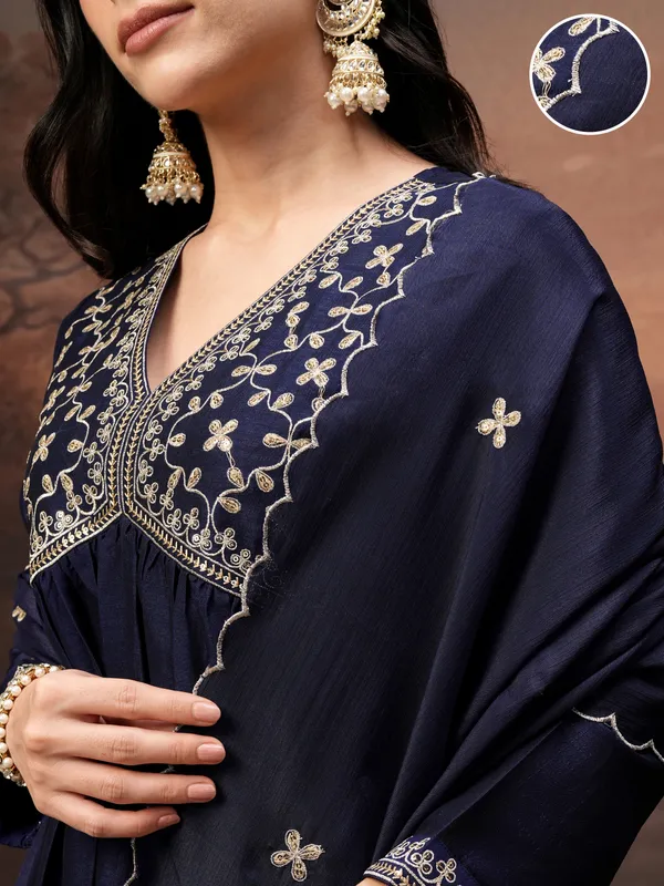 Vishudh Women Purple Embroidered Kurta With Palazzo And Dupatta