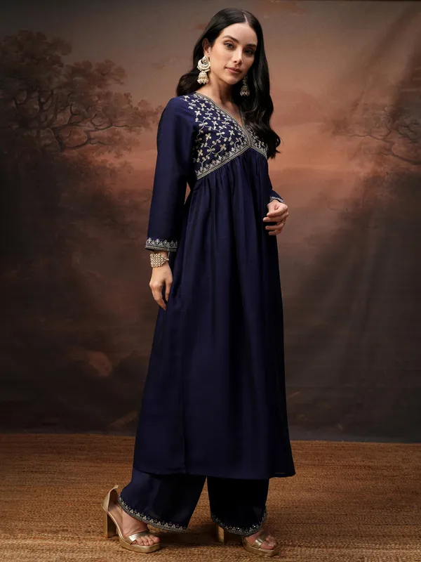Vishudh Women Purple Embroidered Kurta With Palazzo And Dupatta