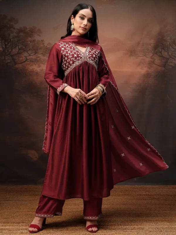 Vishudh Women Red Embroidered Kurta With Palazzo And Dupatta