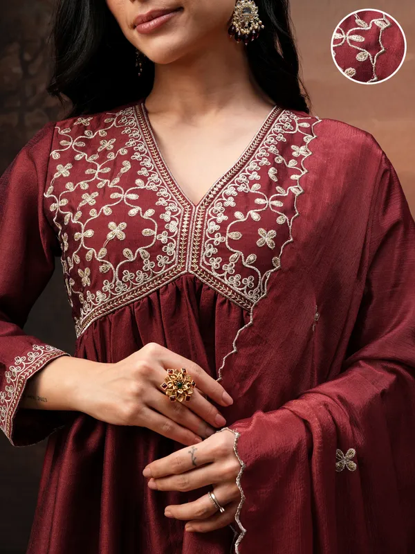 Vishudh Women Red Embroidered Kurta With Palazzo And Dupatta