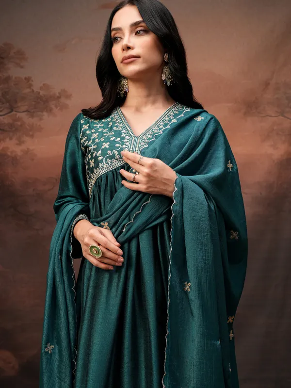 Vishudh Women Teal Embroidered Kurta With Palazzo And Dupatta