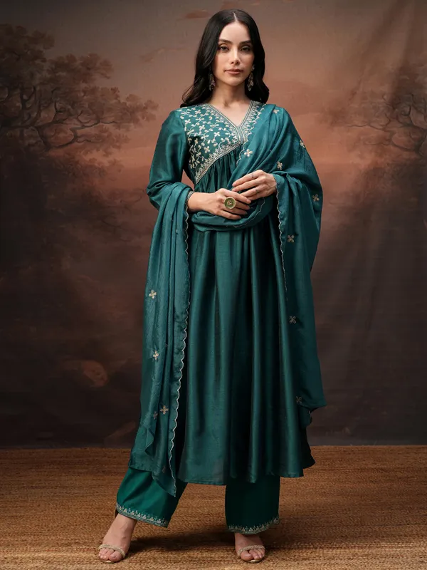 Vishudh Women Teal Embroidered Kurta With Palazzo And Dupatta